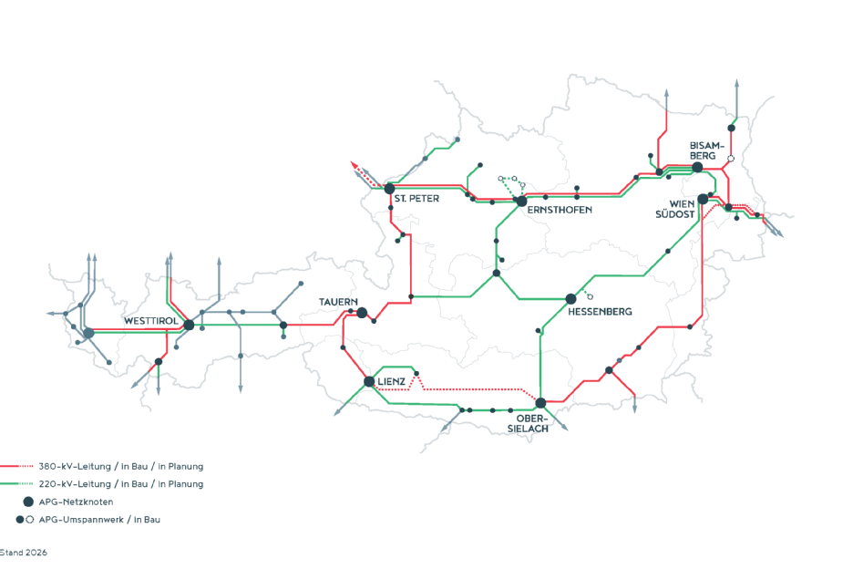 Österreichkarte des APG-Übertragungsnetzes