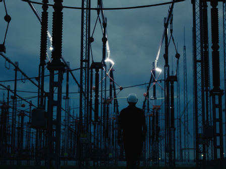 Mitarbeiter steht in Umspannwerk vor Leitungen wo elektrische Blitze bei Schaltungen entstehen.