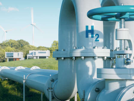 A hydrogen pipeline to houses illustrating the transformation of the energy sector towards clean, carbon-neutral, safe and independent energy sources to replace natural gas in homes.