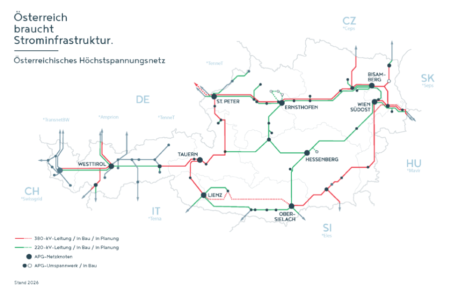 Österreichkarte des APG-Übertragungsnetzes