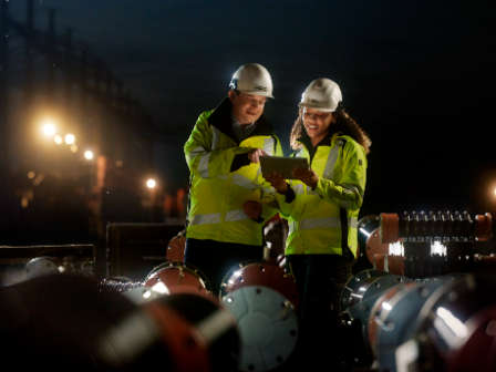 Ein Mitarbeiter und eine Mitarbeiterin stehen in der Dämmerung im Umspannwerk zwischen Ersatzteilen und blicken auf ein Ipad.