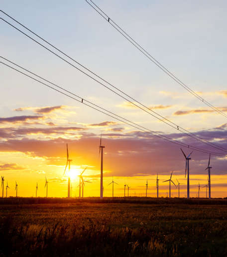 Stromleitung und Windkraftanlagen mit untergehender Sonne im Hintergrund